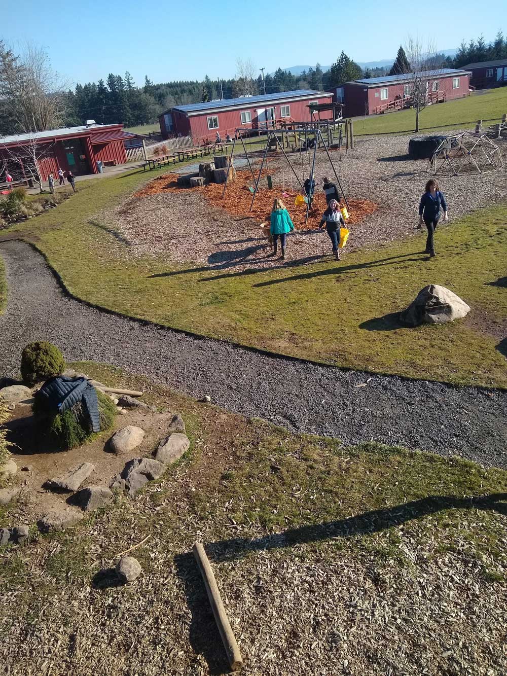 Springwater campus overhead shot, with kids on playground
