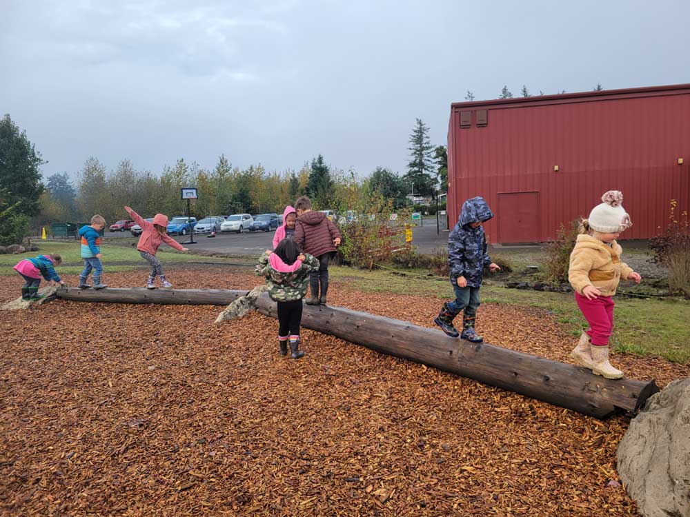 Springwater Preschool kids balancing on a log
